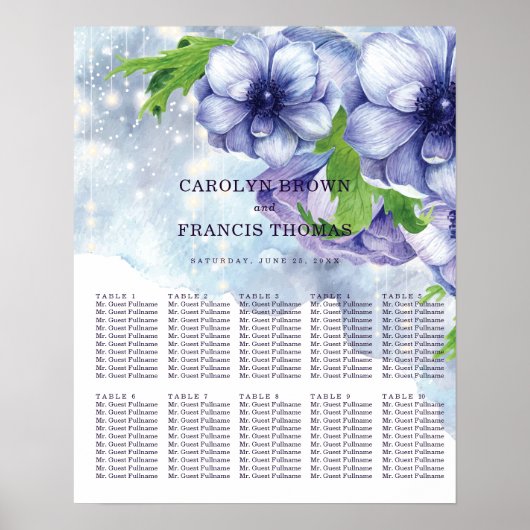 Floral Anemone Paars Wedding | Zitkaarten Poster (Voorkant)