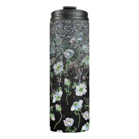 *~* Floral Anemone Silver Glitter Girly Thermosbeker (Voorkant)