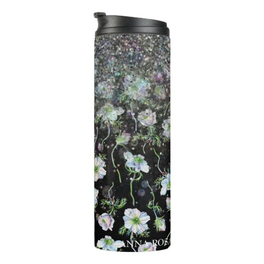 *~* Floral Anemone Silver Glitter Girly Thermosbeker (Geroteerd rechts)