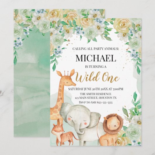 Floral animals birthday invitation custom  kaart (Voorkant / Achterkant)