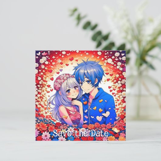 Floral anime thema bruiloft save the date (Staand voorkant)