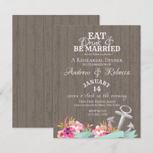 Floral Anker en Shiplap Beach Huwelijksrepetitie Kaart (Voorkant / Achterkant)