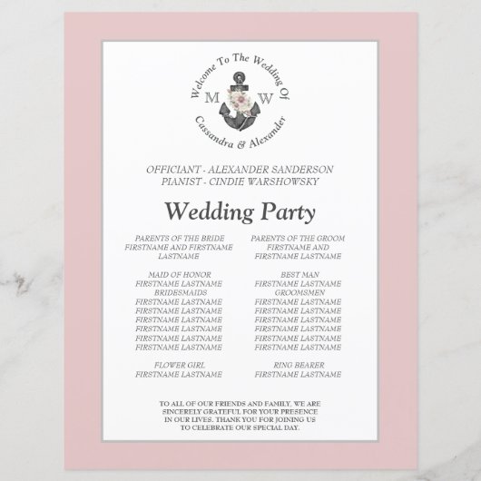 Floral Anker Nautische Bruiloft Dusty Roos program (Achterkant)