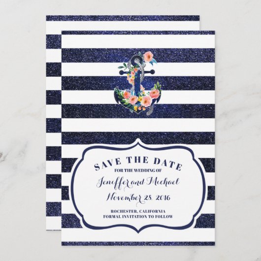 Floral ankerpunt op gestreept sparen de datum kaart (Voorkant / Achterkant)