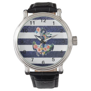 Floral ankerpunt op gestreepte achtergrond horloge