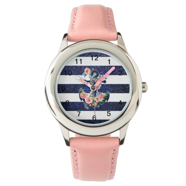 Floral ankerpunt op gestreepte achtergrond horloge (Voorkant)