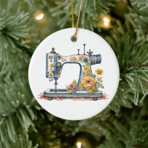 Floral Antiek Naaimachine Kerst Keramisch Ornament