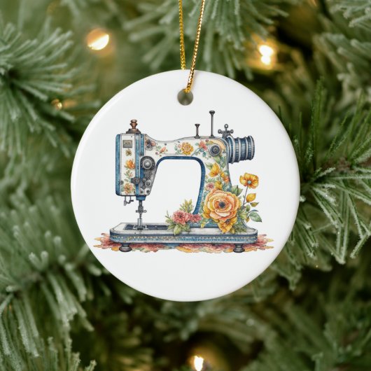  Floral Antiek Naaimachine Kerst Keramisch Ornament (Boom)