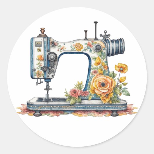  Floral Antiek Naaimachine Kerst Ronde Sticker (Voorkant)