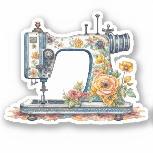Floral Antiek Naaimachine Kerst Sticker (Voorkant)