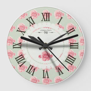 Floral   Antiek roze rozen   Retro Roman Numeral Grote Klok