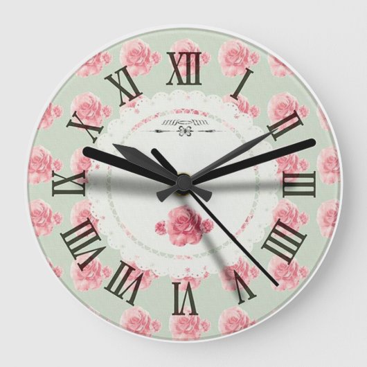 Floral | Antiek roze rozen | Retro Roman Numeral Grote Klok (Voorkant)