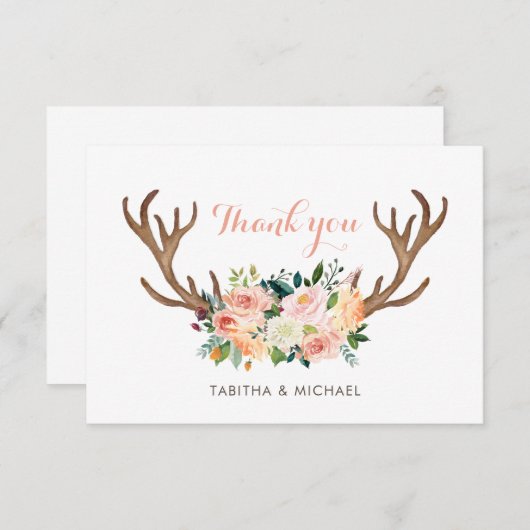 Floral Antler Blush Boho Rustic Hartelijk dank Bedankkaart (Voorkant / Achterkant)