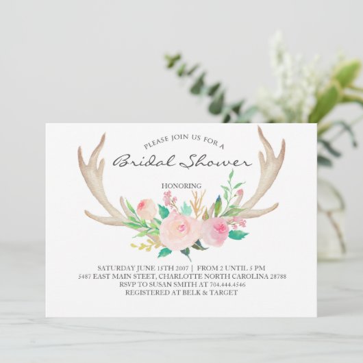 Floral antler boho Shower Invitation Kaart (Staand voorkant)