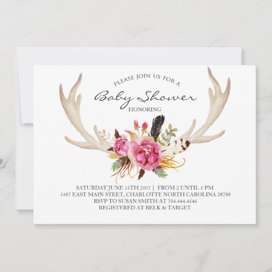 Floral antler boho Shower Invitation Kaart (Voorkant)