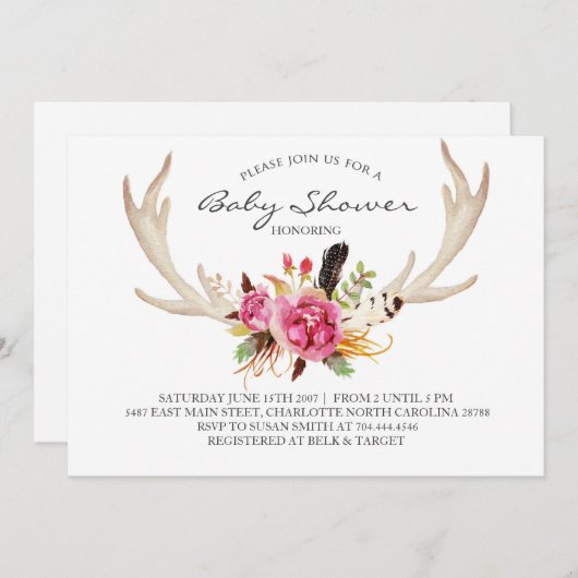 Floral antler boho Shower Invitation Kaart (Voorkant / Achterkant)