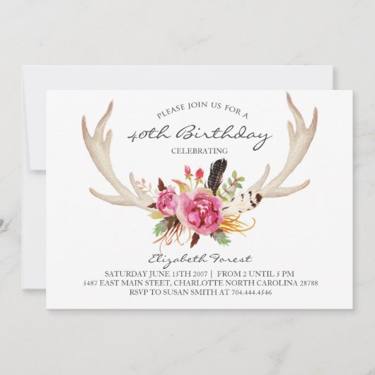 Floral antler boho verjaardagsfeest kaart (Voorkant)