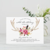 Floral antler boho verjaardagsfeest kaart (Staand voorkant)