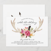 Floral antler boho verjaardagsfeest kaart (Voorkant / Achterkant)