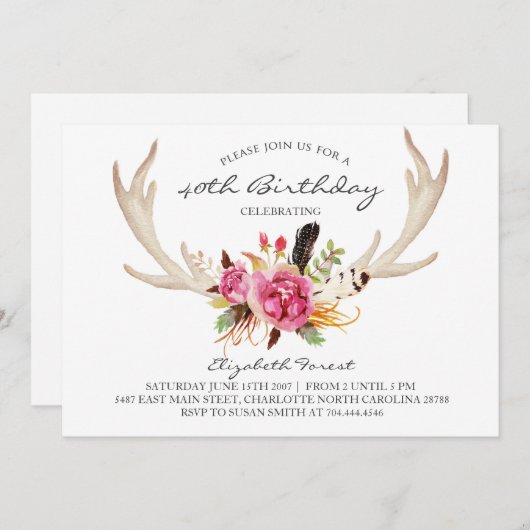 Floral antler boho verjaardagsfeest kaart (Voorkant / Achterkant)