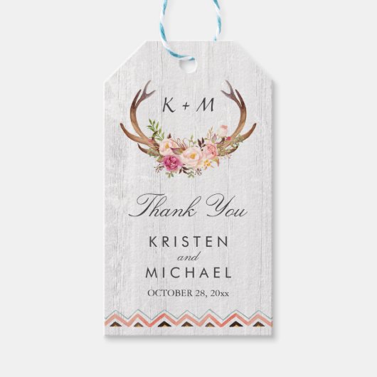 Floral Antler Rustic Wood Boho Wedding Bedankt Cadeaulabel (Voorkant)