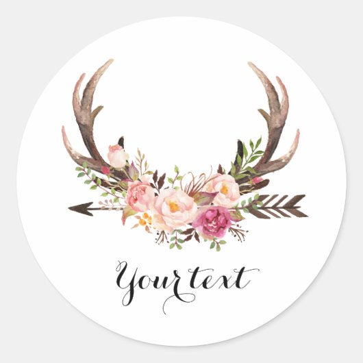 Floral Antler-sticker met aangepaste tekst Ronde Sticker (Voorkant)