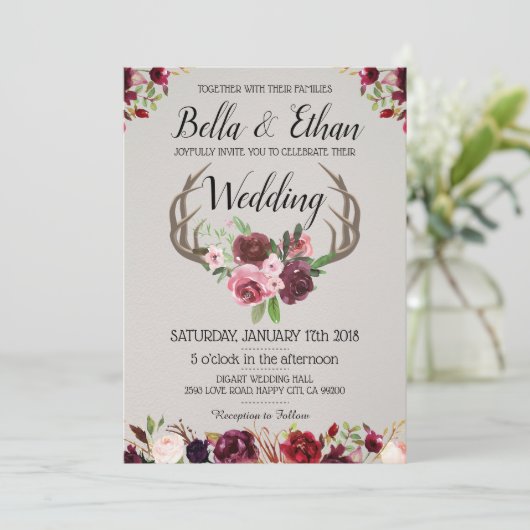 Floral Antler Suite Herten Jacht Stijl Trouwen Kaart (Staand voorkant)