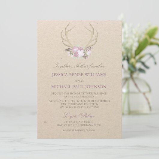 Floral Antler Wedding Invitations Kaart (Staand voorkant)