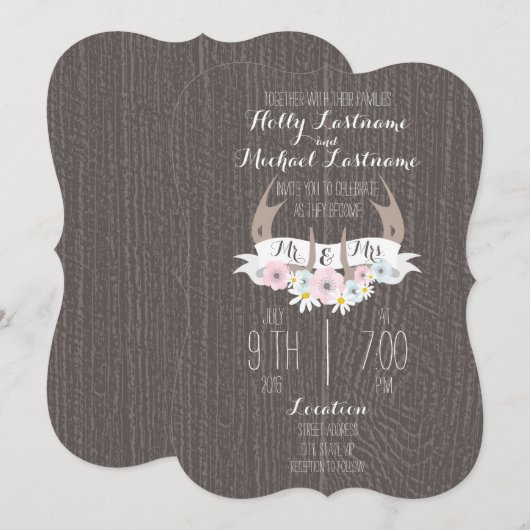 Floral Antlers + Barn Wood Weddenschap Kaart (Voorkant / Achterkant)