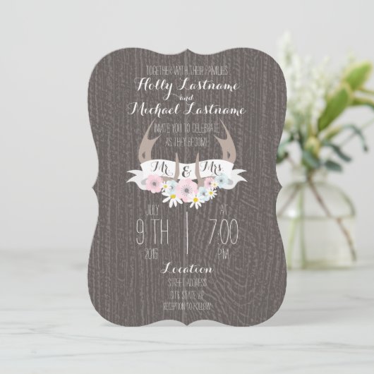 Floral Antlers + Barn Wood Weddenschap Kaart (Staand voorkant)