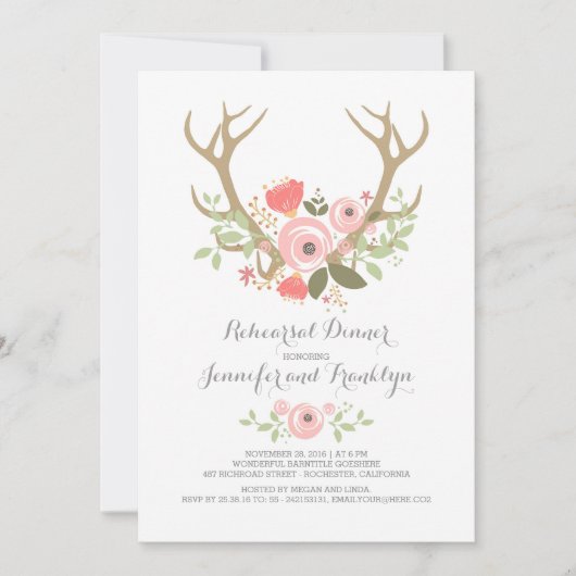 Floral Antlers Boho Rehearsal Dinner Kaart (Voorkant)