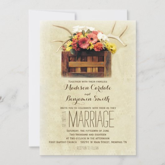 Floral Antlers Boho Rustic Wedding Invitations Kaart (Voorkant)