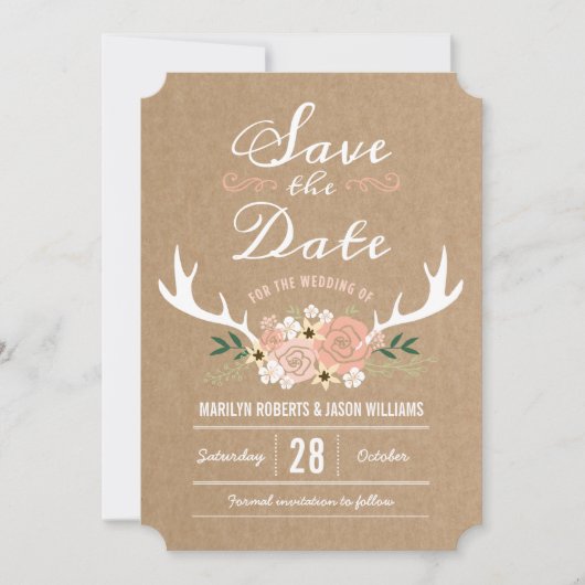 Floral Antlers sparen de Datum Save The Date (Voorkant)
