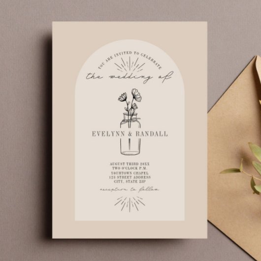 Floral Apothecary Line Art Tan Wedding Kaart