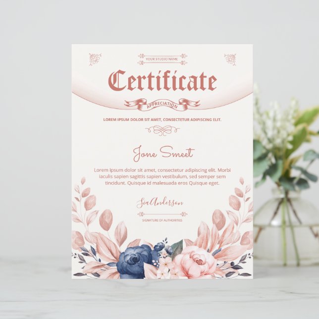 Floral Appreciation Certificate Sjabloon (Staand voorkant)