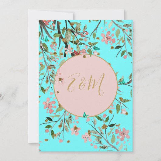 Floral Aqua Blue Elegant Gold Chinoiserie Wedding Kaart (Voorkant)
