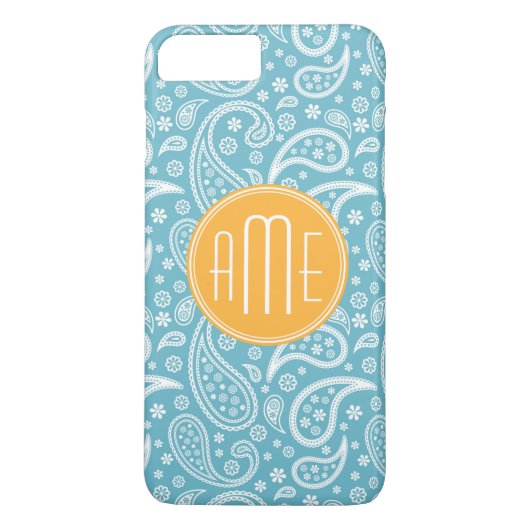 Floral Aqua Blue Paisley Pattern & Yellow Monogram Case-Mate iPhone Case (Achterkant)