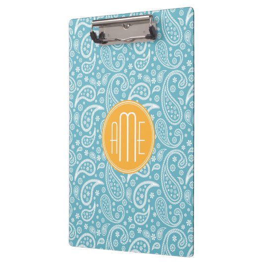 Floral Aqua Blue Paisley Pattern & Yellow Monogram Klembord (Links)