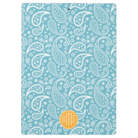 Floral Aqua Blue Paisley Pattern & Yellow Monogram Klembord (Achterkant)
