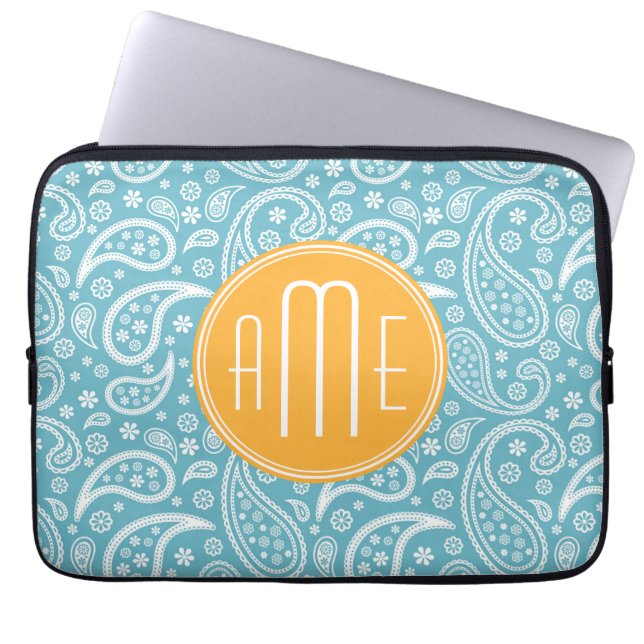 Floral Aqua Blue Paisley Pattern & Yellow Monogram Laptop Sleeve (Voorkant)