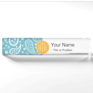Floral Aqua Blue Paisley Pattern & Yellow Monogram Naambordje