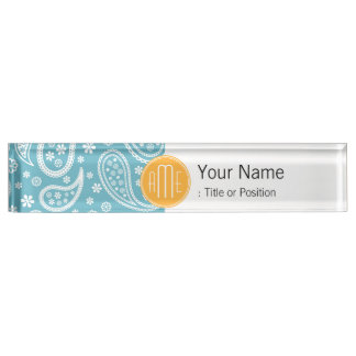 Floral Aqua Blue Paisley Pattern & Yellow Monogram Naambordje