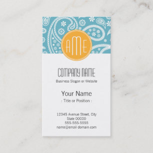 Floral Aqua Blue Paisley Pattern & Yellow Monogram Visitekaartje