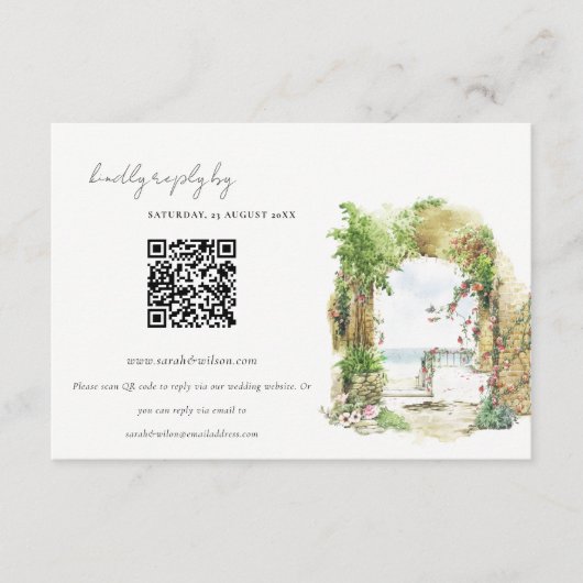 Floral Arch Beach Seascape Wedding QR Code RSVP Informatiekaartje (Voorkant)