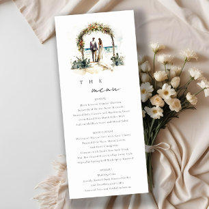 Floral Arch Sand Beach Seascape Wedding Menu Kaart