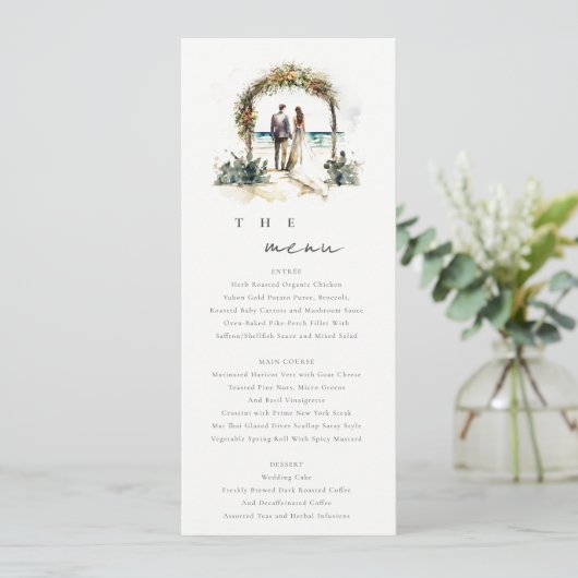 Floral Arch Sand Beach Seascape Wedding Menu Kaart (Staand voorkant)