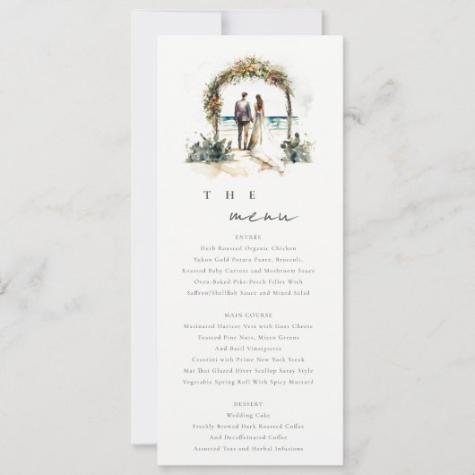 Floral Arch Sand Beach Seascape Wedding Menu Kaart (Voorkant)