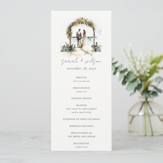 Floral Arch Sand Beach Seascape Wedding Programme Kaart (Staand voorkant)