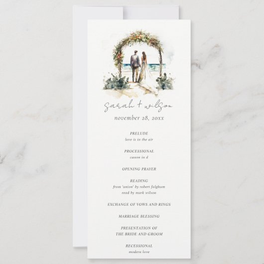 Floral Arch Sand Beach Seascape Wedding Programme Kaart (Voorkant)