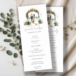Floral Arch Sand Beach Seascape Wedding Programme Kaart